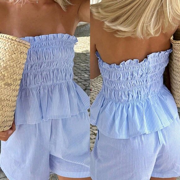 Blue Boho Women's striped Beach Vacation Tube top and Shorts - Picture 1 of 11